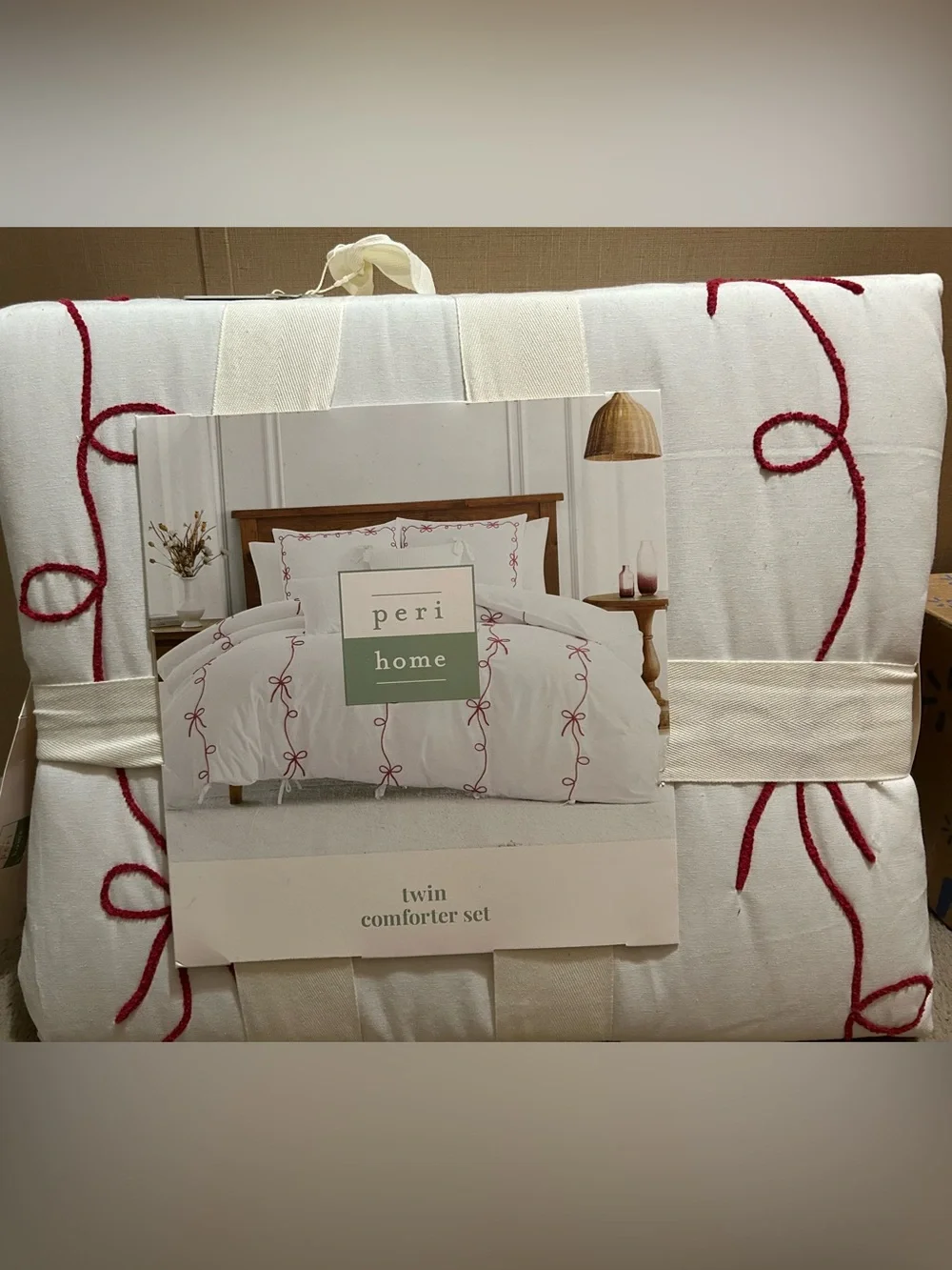White Twin Comforter Set with Red Ribbon Stitching